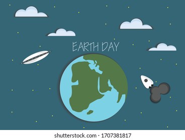 Earth day vector showing Earth planet with one alien ship and one shuttle around 