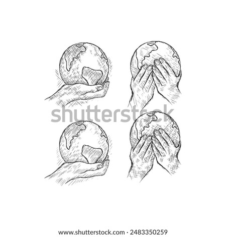Earth Day vector sketch isolated illustration. Hands holding Earth planet. Banner or poster design template for environmental ecology themes
