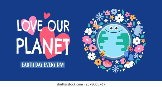  Earth day vector template great for web banner, poster, flyer. Concept design of cute happy globe in bloom on blue background.