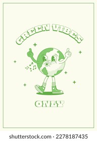 Earth day vintage poster in trendy cartoon style. Green vibes only.World Environment Day . Cute retro Earth character.Eco save planet concept.Vector illustration