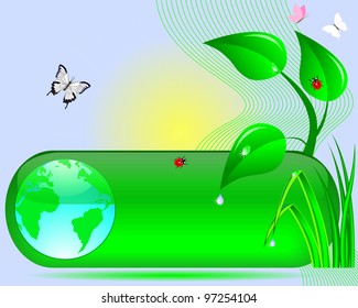 Earth Day. Web button with the globe, tree, grass, sun, butterflies and ladybirds. Vector illustration.