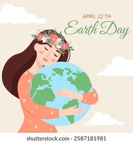 Earth Day. A woman hugs the globe with love and care. Save the environment, green nature, energy, ecology support. Vector Illustration