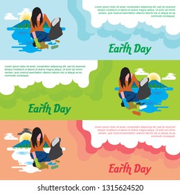 Earth Day. A woman is picking up plastic trash to preserve nature. illustration vector. 