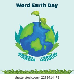 Earth day with the words map, planets and green leaves illustration