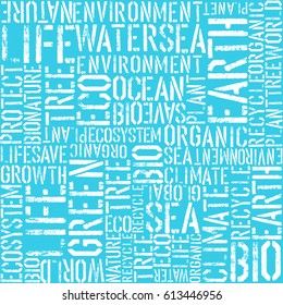 El tema de las palabras del Día de la Tierra es un fondo sin fisuras. Colores azules. Patrón compuesto de palabras: Tierra, mar, eco, orgánico, planta, etc...