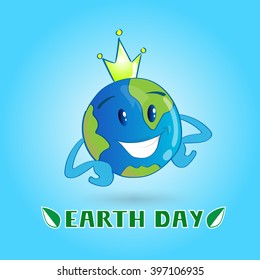 Earth Day World Cartoon Character Globe Wear Crown Smile Vector Illustration