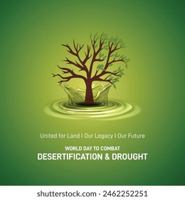 Earth Day or World Environment Day, Combat Desertification and Drought concept. Climate change and global warming theme. Save our Planet, protect green nature. Live and dry tree on globe in hand.