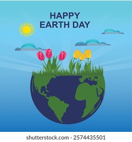 Earth Day or World Environment Day concept. Save our Planet, restore and protect green nature, Blooming flowers.
