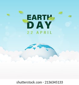 Earth Day and World Environment Day.Cartoon earth and clouds on the sky background.Ecology and environment conservation concept design.Vector illustration.