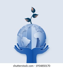 Earth day and world environment day.Hand holding earth with growing plant.Paper art of ecology and environment conservation concept design.Vector illustration.