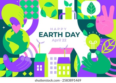 Earth Day, world environment day. Ecology concept with geometric simple forms. Banner, flyer for advertise, web, social media, design, marketing and print. Eco friendly world. Vector illustration.