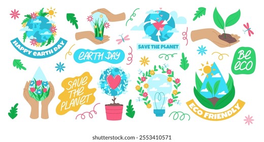 Earth Day. World environment, environmental protection, recycling symbols. Protection of planet, ECO forest, environment for children, globe logo. Vector garish element cartoon isolated illustration