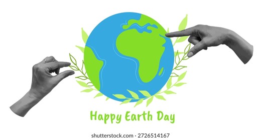 Earth Day World Environment Nature Planet Collage. Weltkarten mit üppigen Naturschauspielen und unserem blauen Planeten. Für Öko-Kampagnen Webbanner Poster oder grüne Marketing-Visuals. Vektorgrafik.