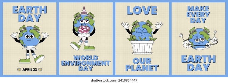 Earth day or World Environment Day set poster. Retro Earth character cartoon groovy style. Funky globe flyer with psychedelic smile face. Vector illustration
