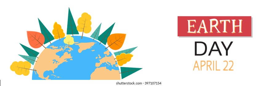 Earth Day World Globe Tree Plant Concept Horizontal Banner Flat Vector Illustration