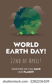 Earth Day. World Earth Day. Happy environment and earth day concept banner with globe and clouds. 22nd April celebration worldwide. save planet. Social banner post for earth day. Environmental problem