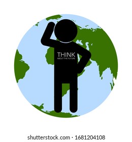 Earth Day, World Health Day. Black silhouette of a man on the background of the Earth. The tagline is thinking about the future on the chest. Web design element