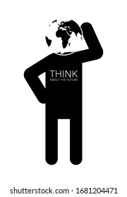 Earth Day, World Health Day. Black silhouette of a man with the head planet earth. The tagline is thinking about the future on the chest. Web design element