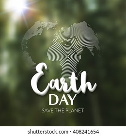 Earth Day. Earth World map globe sign. Hand drawn lettering. Greeting card, poster, web design. Typography poster