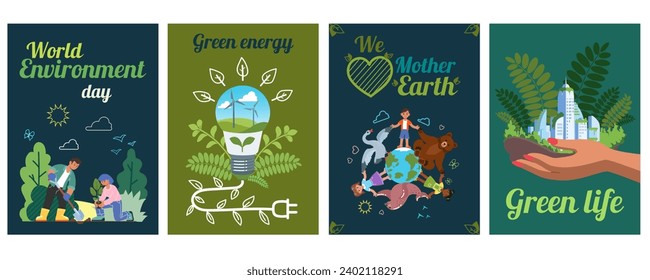 Earth day. World nature. Planet environment conservation. Save globe eco. Children poster with ecology map. Green life. Renewable energy. Clean ecosystem. Vector global ecology protection cards set