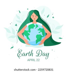 Earth Day. A young woman hugs the globe with love and care. Save the environment,  green nature, energy, ecology support