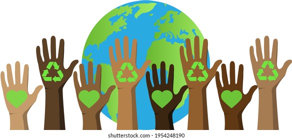 Earth Day.April 22.Banner Earth Day with a planet,hands,environment logo.Human hands protect our earth.Save the planet.Vector Background.World saving,protection family and environment concept.Globe.