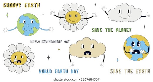 Earth Day.Concept of World Environment Day in y2k style.Save the Earth.Cartoon cute earth planet character. World Environment Day.Save the planet in trendy y2k style.