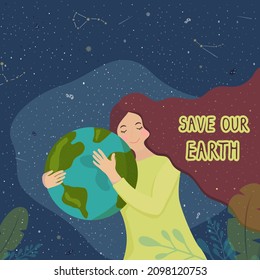 Earth Day,ecology concept in flat style.Poster with the girl holds the globe in her hands on dark star background.Love your planet. Save your planet. Vector illustration. Save green EARTH