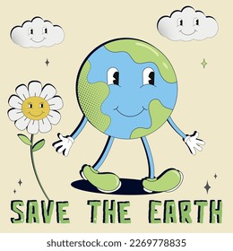 Earth Day.Save the Earth.Concept of World Environment Day in y2k style.Cartoon cute earth planet character. World Environment Day.