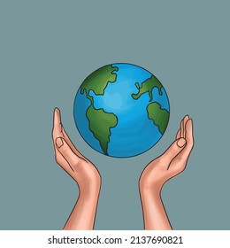 Earth day.Vector illustration of hands hugging the planet.