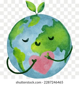 Earth Day,Watercolor paint International Mother Earth Day with Tree on Smile Globe hugging Pink Heart,Vector Illustration Environmental problem, Environmental protection and Caring for Nature concept