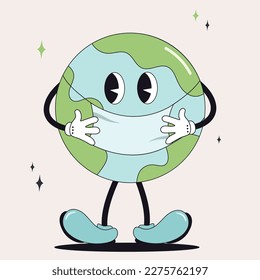 Earth Day.World Environment Day. 70s.Cartoon cute earth planet character. Concept of World Environment Day in retro style. Save the Earth.Retro.