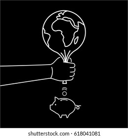 Earth depletion. Vector business illustration of hand squeezing earth for earning money | modern flat design linear concept icon and infographic white on black background