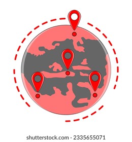 Earth design filled multiple travel destination focal points in red color vector concept