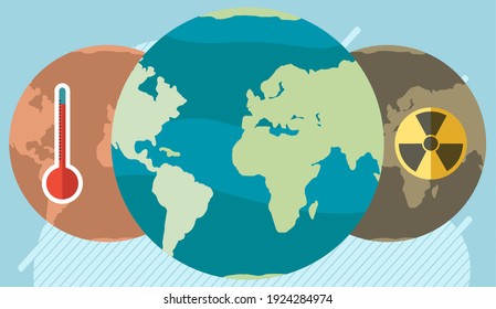 Earth destroyed by people and human activities. Save our planet and protect environment concept. Planet influenced by radiation, radioactive waste and dried, hot earth suffering from global warming