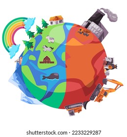 earth in destruction exploited planet compared to green ecological sustainable icon vector illustration