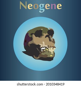 Earth development. Neogene in the history of the Earth. The emergence of man. Human skull. 
