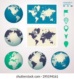 Earth from different angles, pointers to navigate, simple world map for infographics, banners, websites.