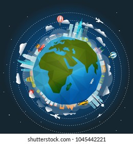 The Earth and different buildings and vehicles infographic template