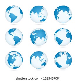 Earth with different continents realistic vector illustrations set. Planet collection isolated on white background. Globe with land and oceans. Ecology, geography, cartography concept