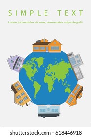 The Earth and different locations. Travel concept vector illustration. Copy-space for any text. Around the planet are at home.