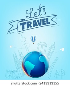 The Earth with different travel elements vector illustration. World travel concept with lettering logo