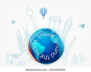 The Earth with different travel elements vector illustration. Travel around the world concept with lettering logo