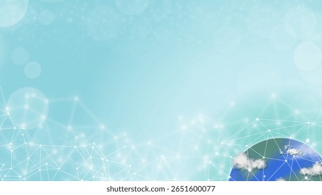 Tierra con red digital en un cielo azul suave, fondo tecnológico brillante para innovación, conectividad, datos globales, sostenibilidad, computación en nube futurista.