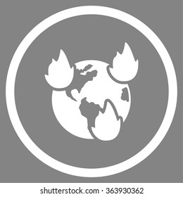 Earth Disasters vector icon. Style is flat circled symbol, white color, rounded angles, gray background.