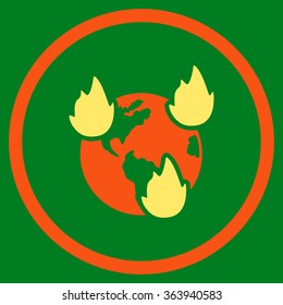 Earth Disasters vector icon. Style is bicolor flat circled symbol, orange and yellow colors, rounded angles, green background.