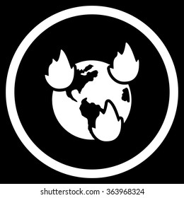 Earth Disasters vector icon. Style is flat circled symbol, white color, rounded angles, black background.