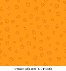 The earth dog. A pattern of canine tracks of different sizes. Volumetric 3d traces of a dog of orange color. Vector illustration in a flat style