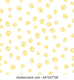 The earth dog. A pattern of canine tracks of different sizes. The dog tracks are yellow on a white background. Vector illustration in a flat style