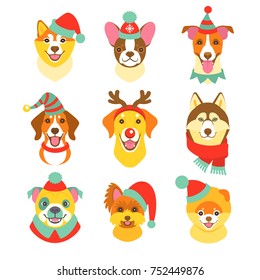 Earth Dogs faces collection. Vector illustration of funny cartoon  yellow and brown dogs - symbol of 2018 Year, in Christmas costumes. Isolated on white.